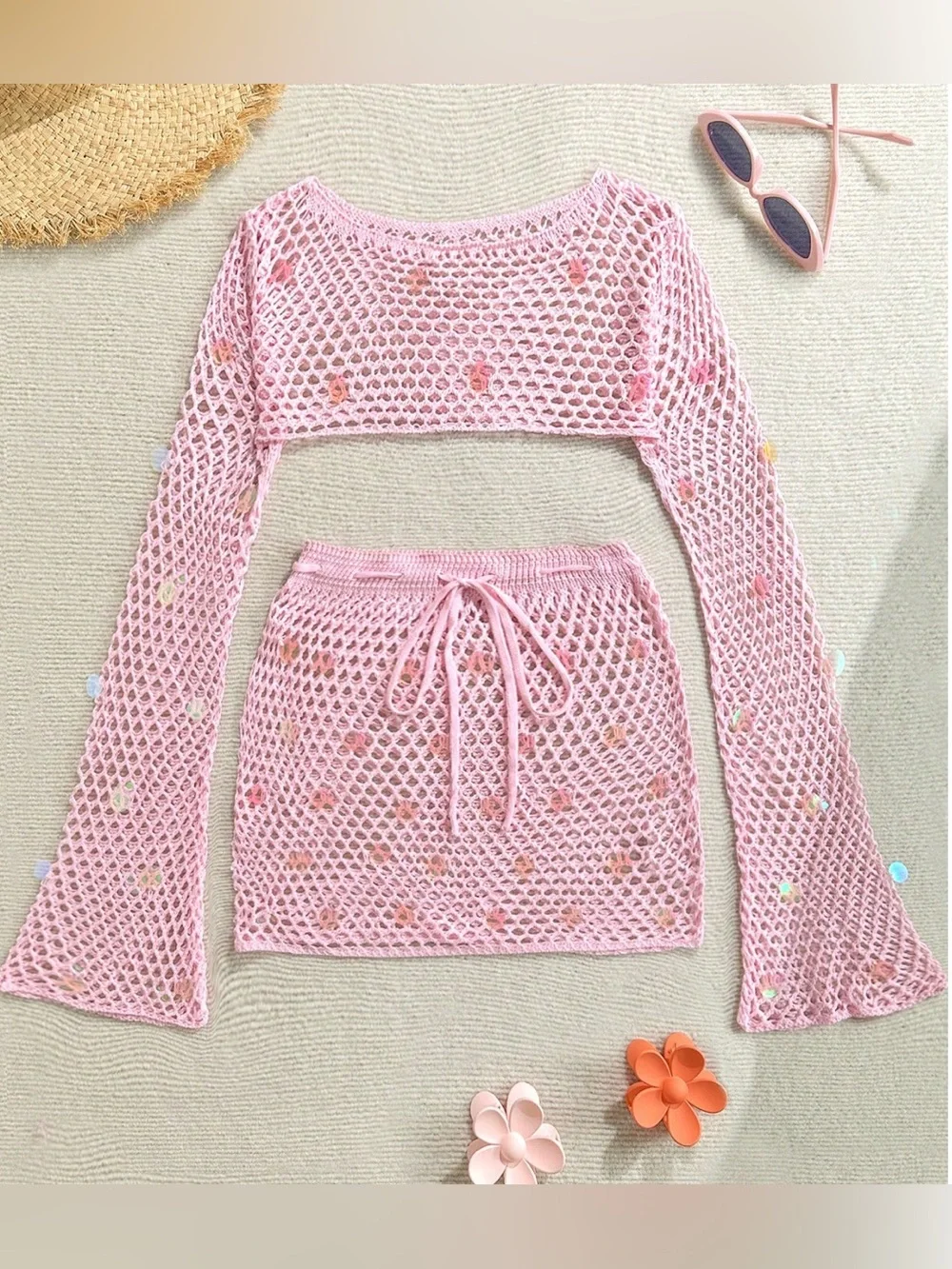 Pink Crochet Two-Piece Set - Cropped Top & Drawstring Skirt